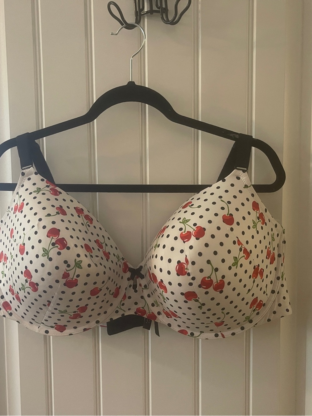 Cherry Print T-Shirt Bra with Black Trim - White/Red